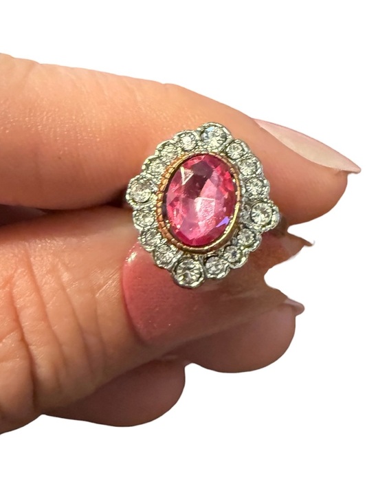 None Jewelry - Pink Oval Halo Cocktail Ring w/Clear Crystal Accents- 925 Sterling Silver Size 5